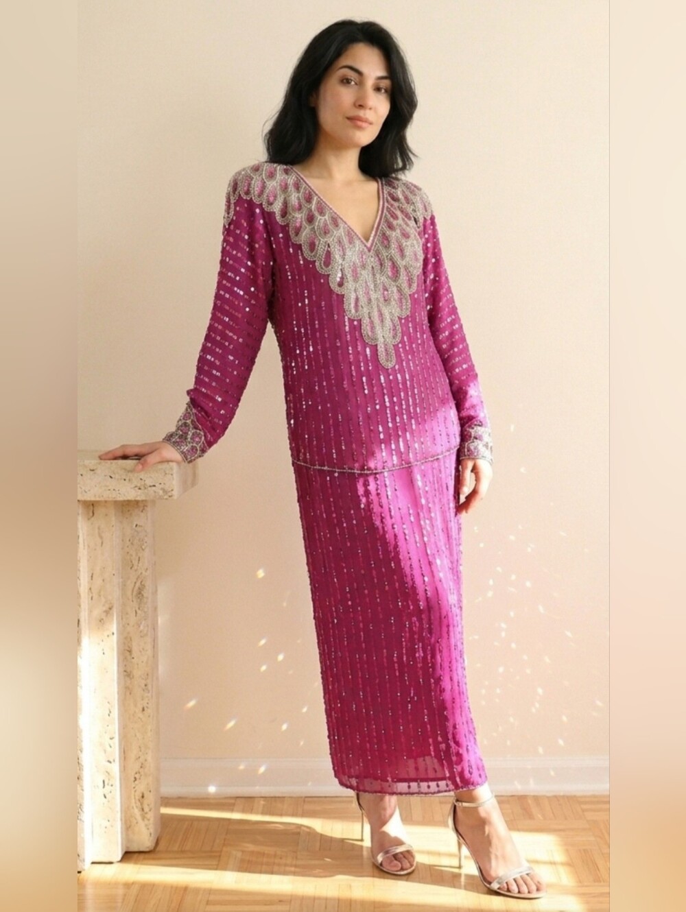 100% Silk Beaded Sequined Maxi Skirt-Suit Vintage 1980s / Sz M / Mauve, Silver